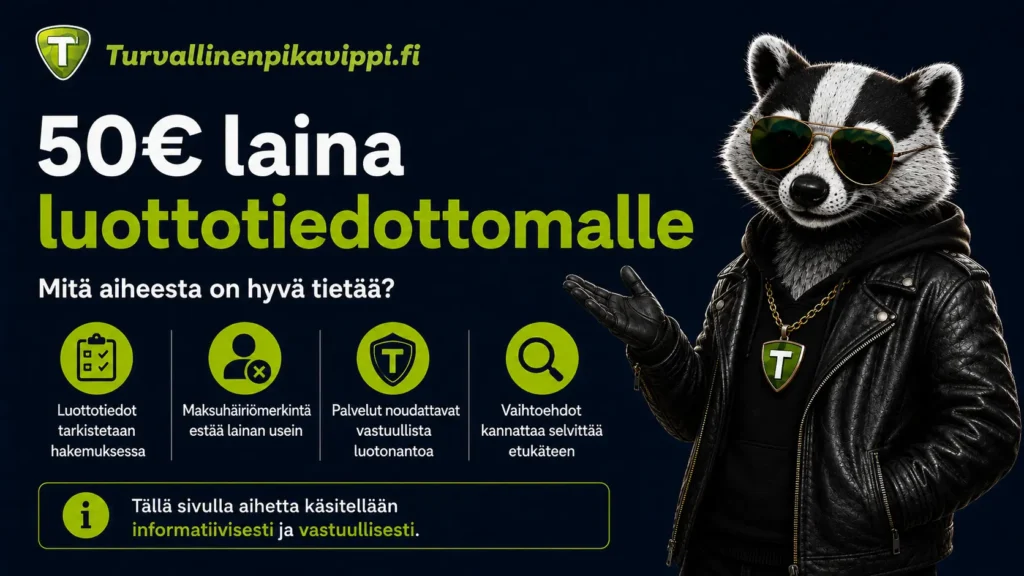 50€ laina luottotiedottomalle - tietoa luottotietojen tarkistuksesta, maksuhäiriömerkinnästä ja vastuullisista vaihtoehdoista