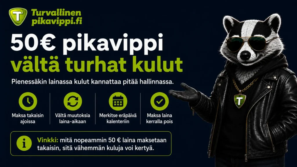 50€ pikavippi - vinkit turhien kulujen välttämiseen, kuten eräpäivän muistaminen ja lainan takaisinmaksu ajoissa