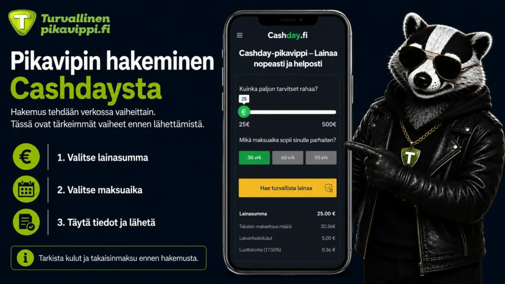 Pikavipin hakeminen Cashdaysta - valitse lainasumma, maksuaika ja tarkista kulut ennen hakemuksen lähettämistä