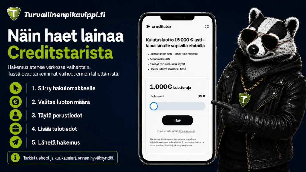 Creditstar kulutusluoton hakeminen verkossa - valitse lainasumma, maksuaika ja tarkista ehdot ennen sitoutumista