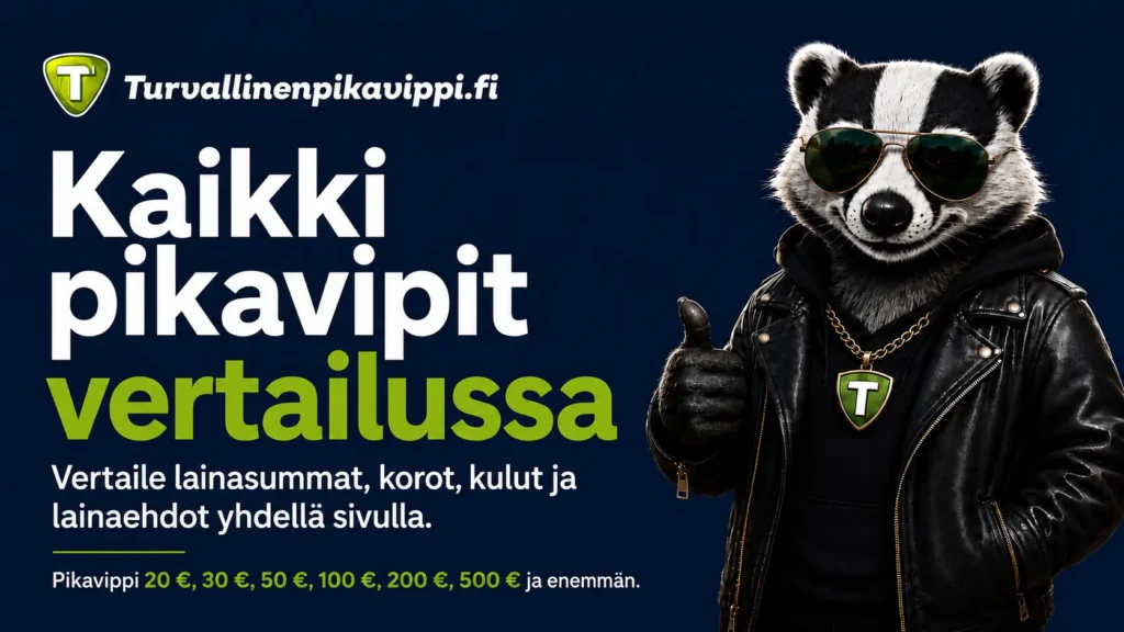 Turvallinenpikavippi.fi:n mäyrämaskotti ja pikavippien vertailu – lainasummat, korot, kulut ja lainaehdot yhdellä sivulla.