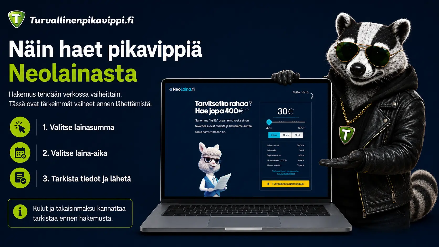 Neolaina.fi lainahakemus - ohjeet lainatyypin valintaan, henkilötietojen täyttämiseen ja hakemuksen lähettämiseen Turvallinenpikavippi.fi-sivustolla