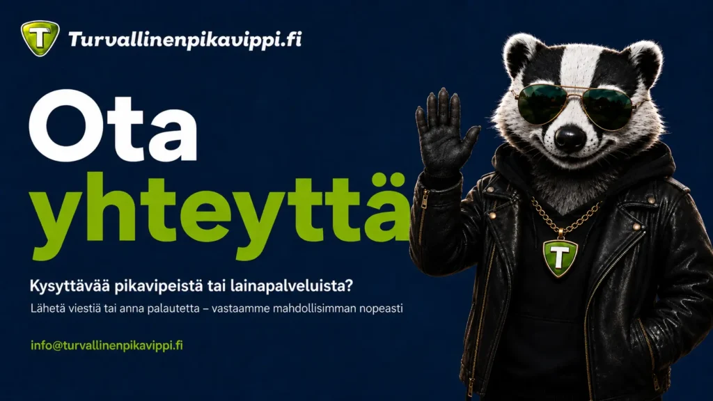 Turvallinenpikavippi.fi:n mäyrämaskotti tervehtii - ota yhteyttä tai anna palautetta.