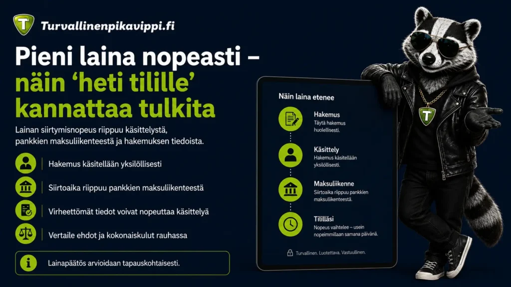 Pieni laina heti tilille - mitä lainan siirtymisnopeudesta, hakemuksen käsittelystä ja pankkien maksuliikenteestä kannattaa tietää