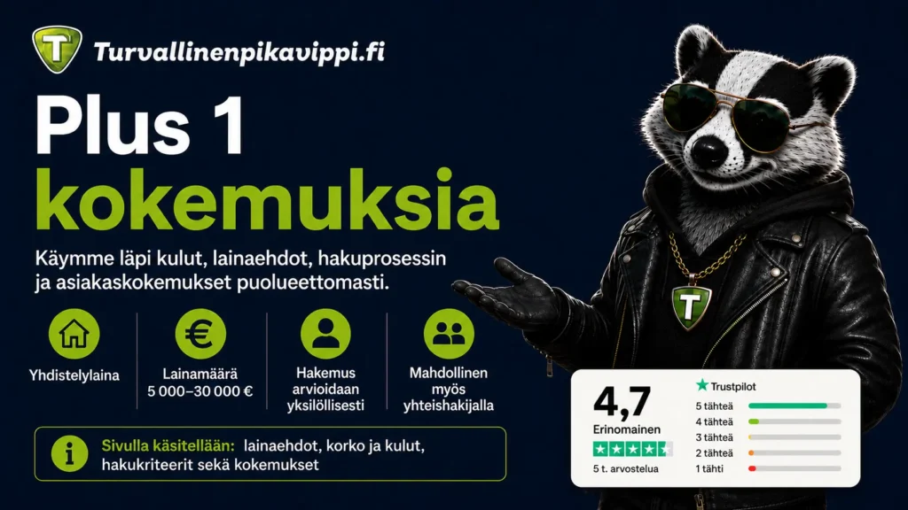 Plus 1 kokemuksia ja arvostelu - lainaehtojen, kulujen, hakukriteerien ja Trustpilot-arvostelujen yhteenveto